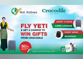 यती एअरलाइन्समा उडान भर्दा क्रोकोडाईल लगेज ब्यागप्याक उपहारमा पाईने