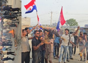 नेपाल तरुण दल सिरहाले गोलबजारमा गर्याे राप्रपा अध्यक्ष राजेन्द्र लिङ्देनको पुतला दहन