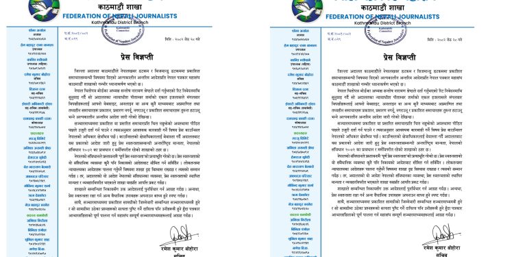 नेपाल पत्रकार महासंघ काठमाडौं शाखाकाे अदालतको आदेशप्रति आपत्ति-प्रेस स्वतन्त्रता रक्षा गर्न चेतावनी